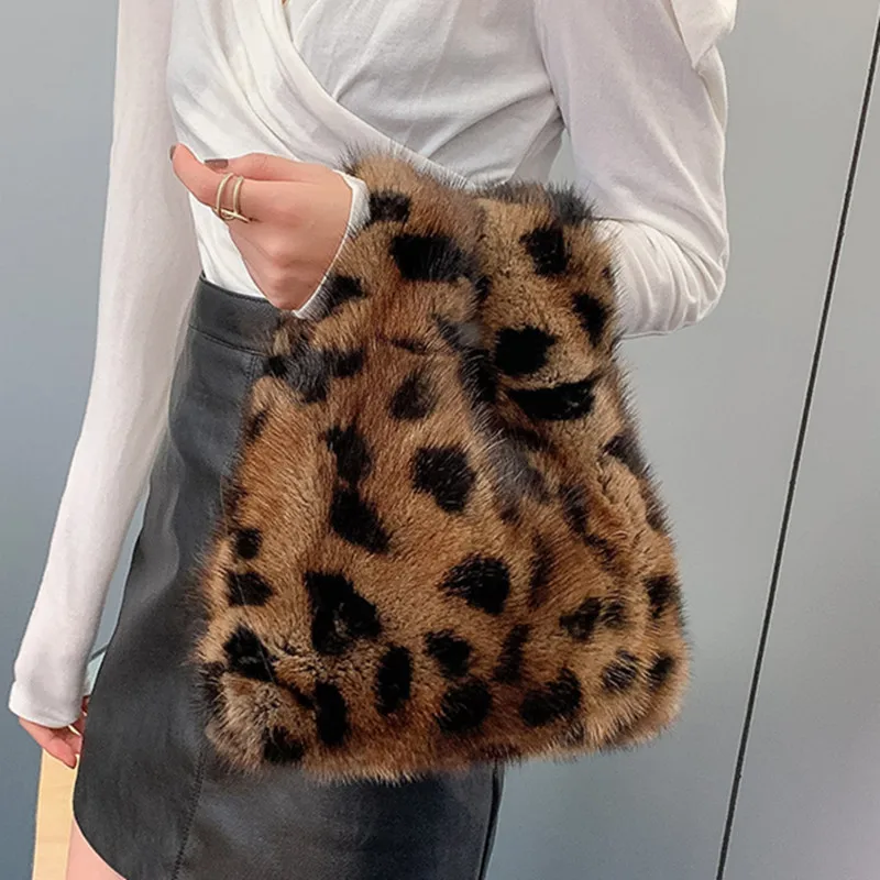 Luxury Fashion Real Fur Women\'s Bag Chain Leopard Fur Small Square Bag Ladies Handbags Real Mink Fur Shoulder Crossbody Bags