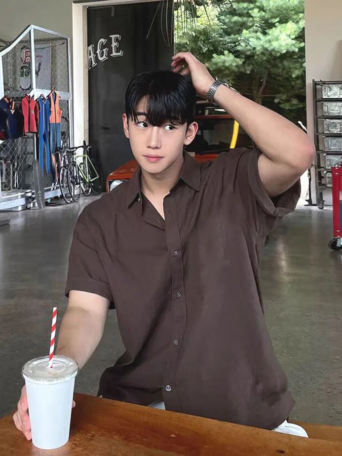 

Korean Sle Ice Silk Men's irt Thin Cool Loose ort Sve Casual Versatile Brown Workwear irt Breathable Summer Faion