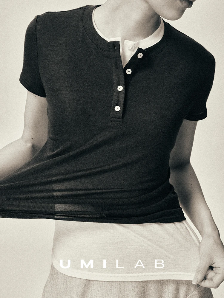 

Футболка UMILAB Henry Collar из ультратонкой мериносовой шерсти, облегающая, в различных цветах, повседневная, с коротким рукавом, круглым вырезом