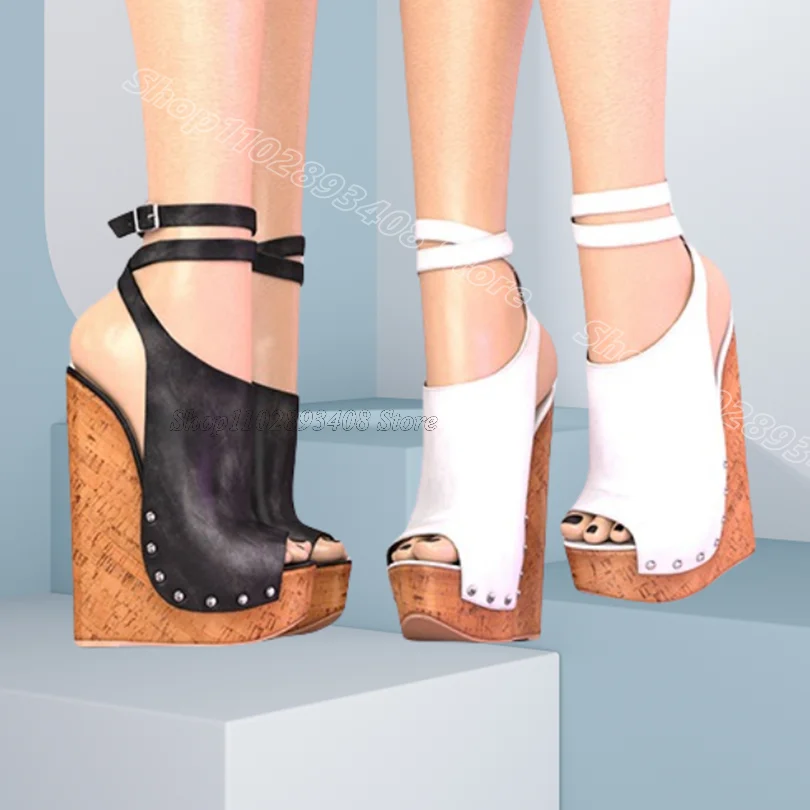 

Black Wedges Heels Platform Sandals Peep Toe Ankle Buckle British Style Rivet Decor Spring Women Party Boots Zapatos Para Mujere
