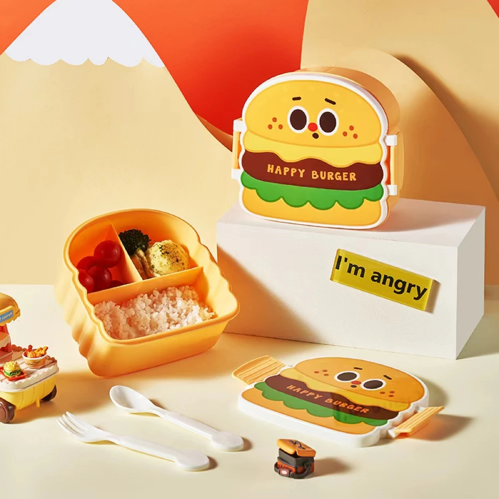 New Creative split grid cartoon hamburger shape plastic lunch box Students bring cover fruit boxs children cute bento box