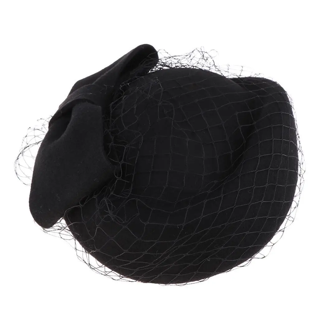 Pillbox Hat with Veil Wool Fascinator Retro Bridal Headwear Small Wedding Hat for Ladies Church Events