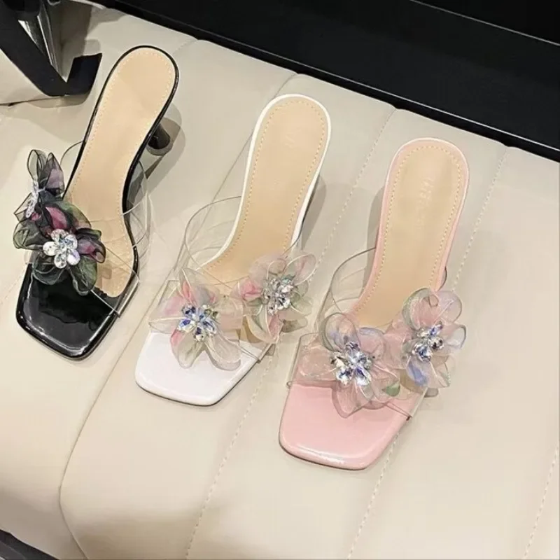 Zapatos de vestir de tacón alto para mujer, zapatillas de tacón alto transparentes, decoradas con flores, 2024