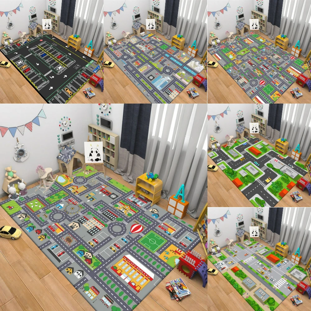 

Playful Cartoon Car Track Living Room Rugs Children's Bedroom Bedside Floor Carpet Sofa Coffee Table Rug Puzzle Game Carpets