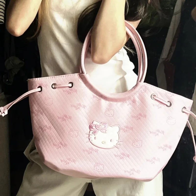 Hello Kitty Sanrio Y2k Shoulder Bag Kawaii Cartoon Embroidered Pink Handbag Casual PU Leather Large Capacity Tote Bags For Women