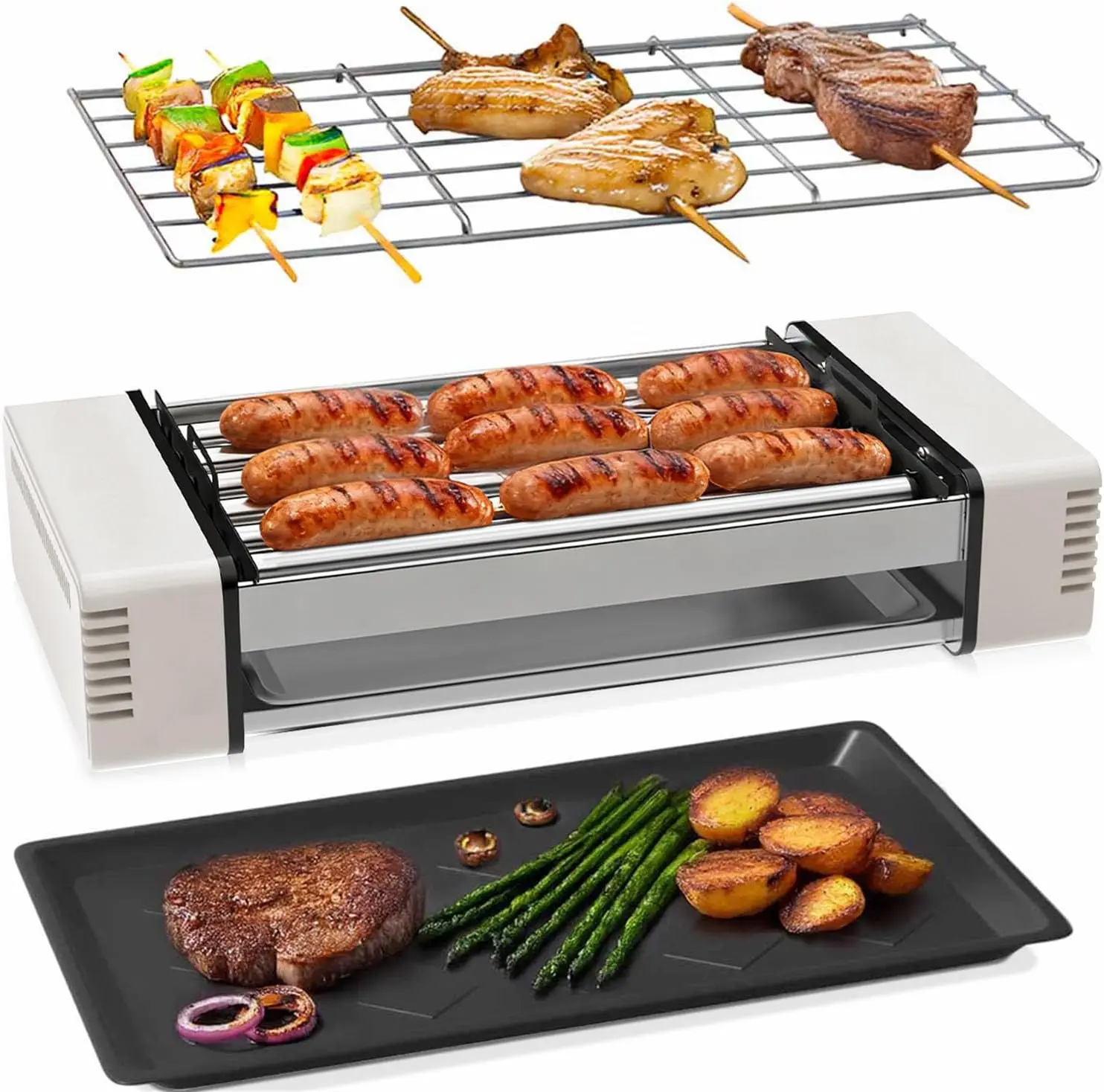 

Электрический гриль 3-в-1 с роликом для хот-догов, портативный, для использования в помещении и на улице, для кемпинга, автодомов, домашней кухни