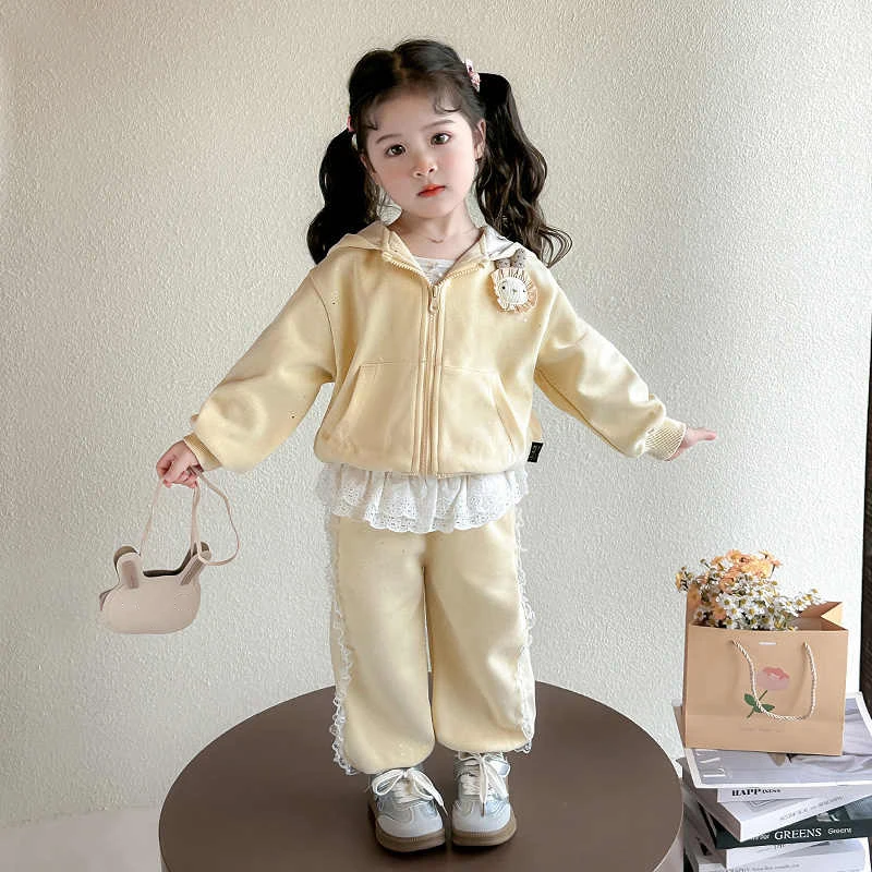

Sweet Baby Girls Clothes Set Spring Autumn Long Sleeve Zipper Hooded Jacket Lace Patchwork Pants 2Pcs Suit Casual Sport Outfits