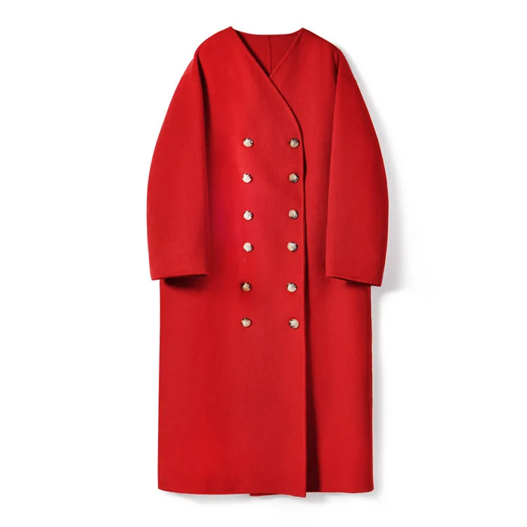 

Double Breasted V-neck Red Wool Long Coat for Women 코트 한국 여성 울 블렌드 코트