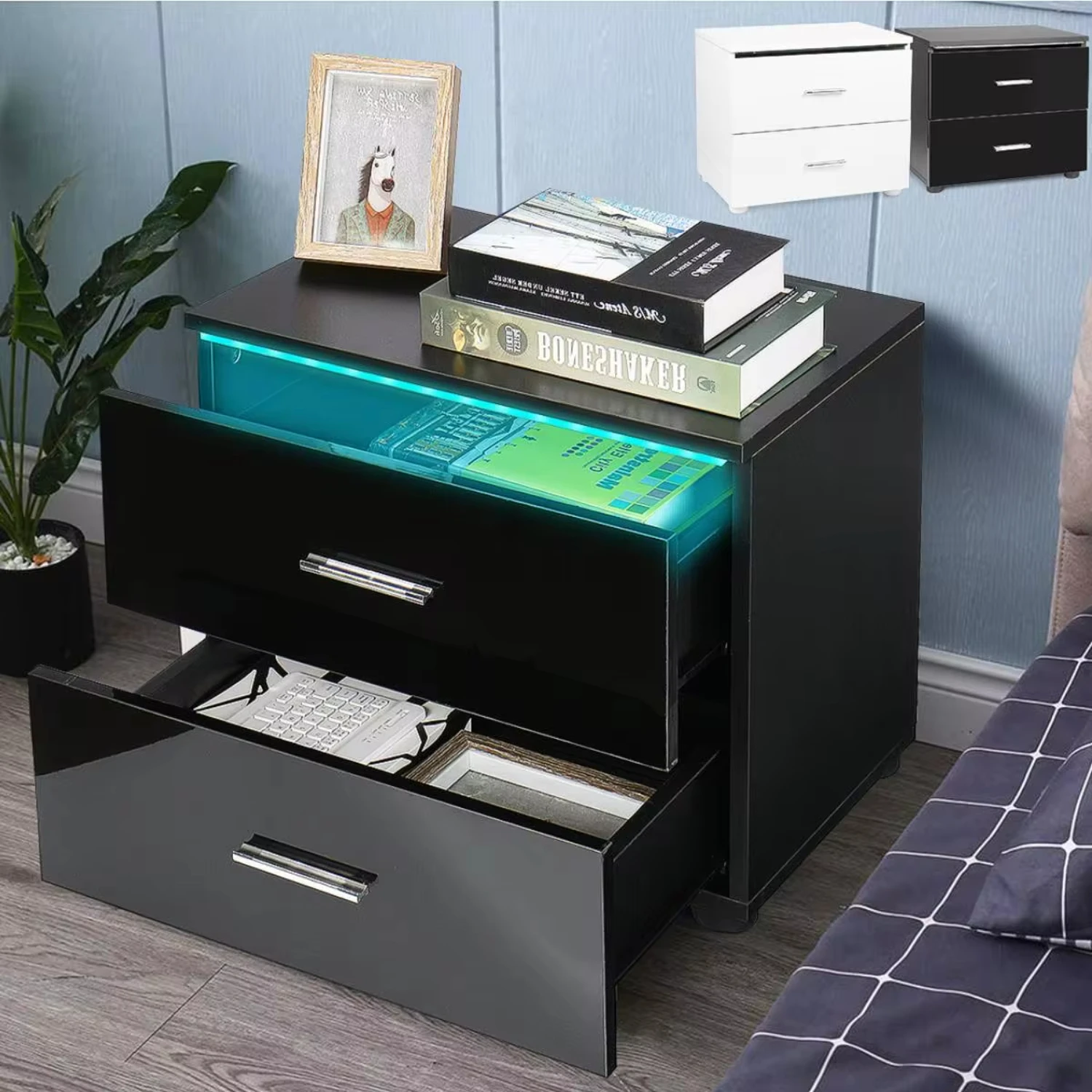 Modern Night Tables High Gloss  Light Nightstand with 2 Drawer 20 Modes  RGB Bedside Table  Bedroom Bedside Cabinet