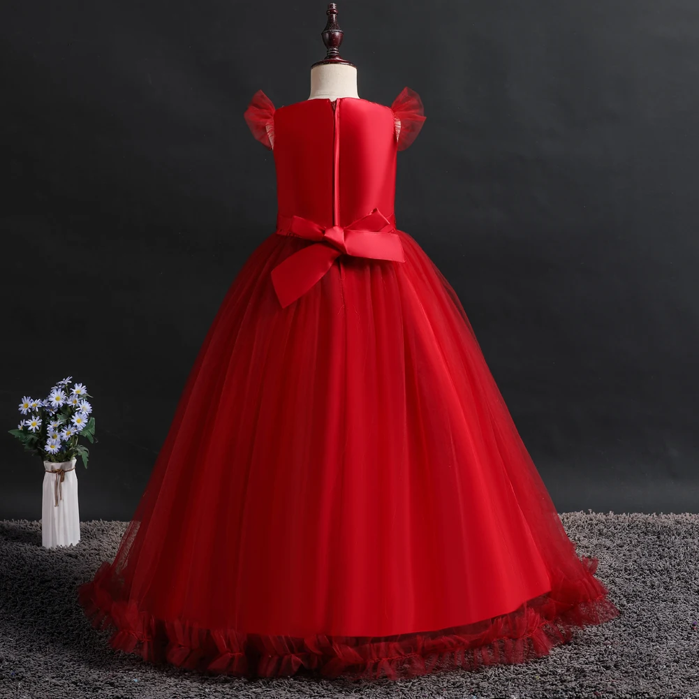 Red New Girl Flower Elegant Long Dress FOR 4 to 14 years Children\'s Ball Embroidered Princess Dress