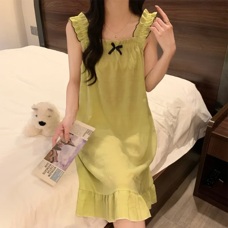 French Romantic Bow Women\'s Halter Nightgown Wrinkled Cloth Japan & Korean Y2k Sleepskirt 2024 New Summer Harajuku Home Clothes