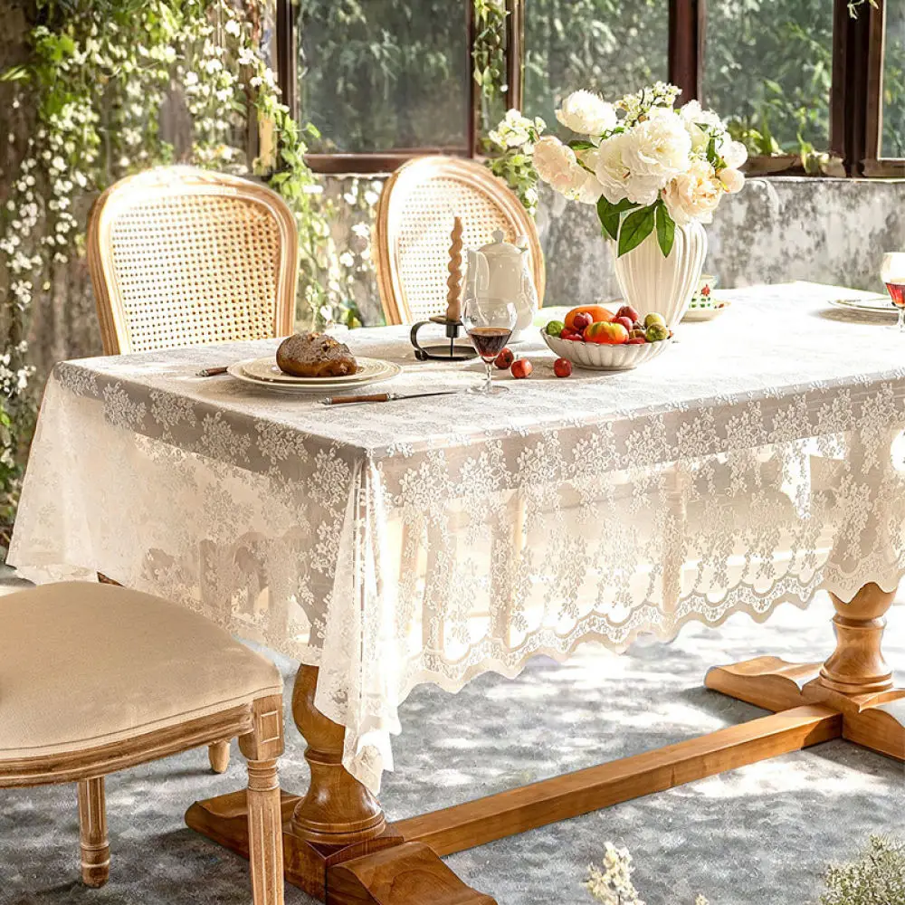 Elegant Lace Tablecloth French Aesthetic Table Cover Floral Fabric Hollow Out Design For Kitchen Dining Table Decor