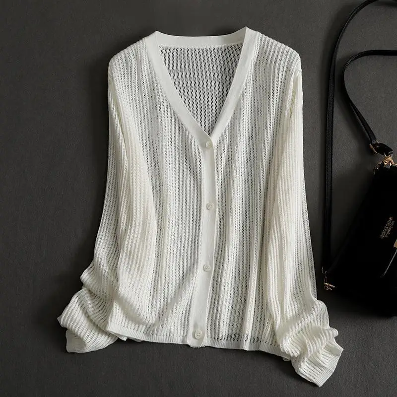 2023 Spring Autumn New Solid Color Fashion V-neck Long Sleeve Knitting Cardigan Women Casual Hollow Out Breathable All-match Top