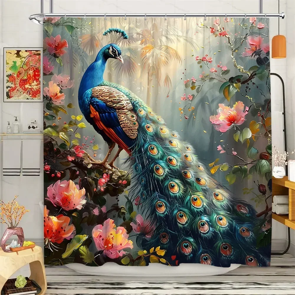 Vibrant Peacock Spring Landscape Shower Curtain Bathroom Decor Watercolor Art Tropical Paradise Shower Curtain