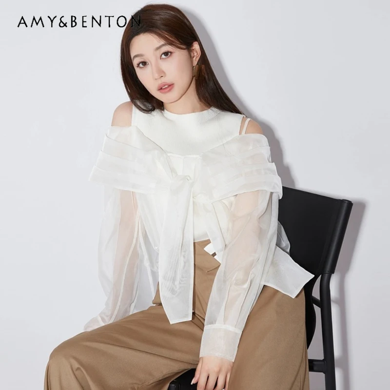 

Spring Summer New Solid Color Round Neck Knitted Vest Bow Mesh Shirt Two-Piece Sets Office Lady Sweet Elegant All-Match Shirts