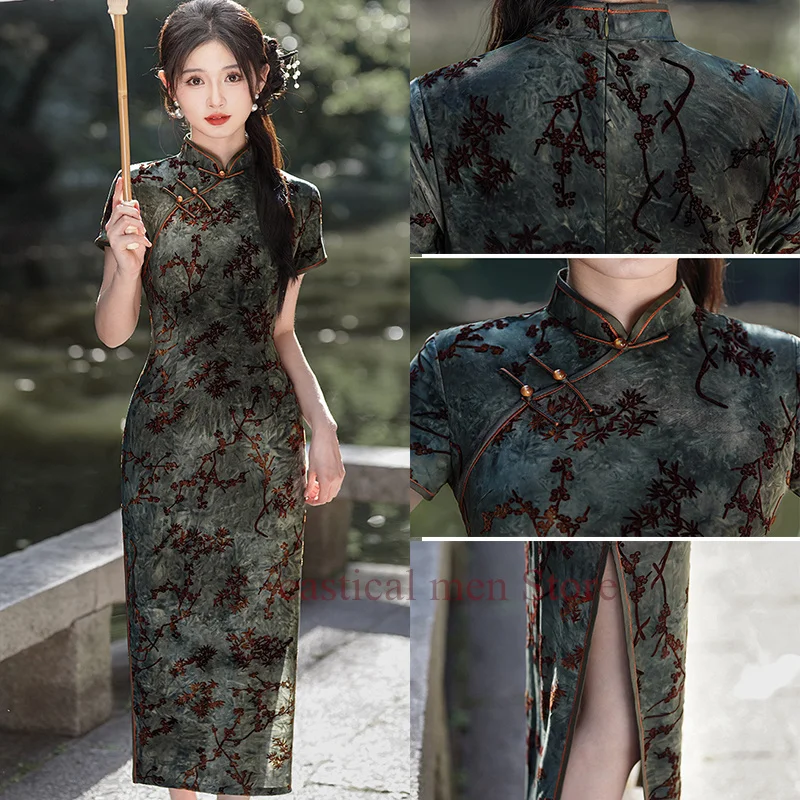 Summer Autumn Velour Qipao Jacquard Cheongsams Lady Stage Performance Costume Elegant Chinese Style Dresses Casual Vestidos