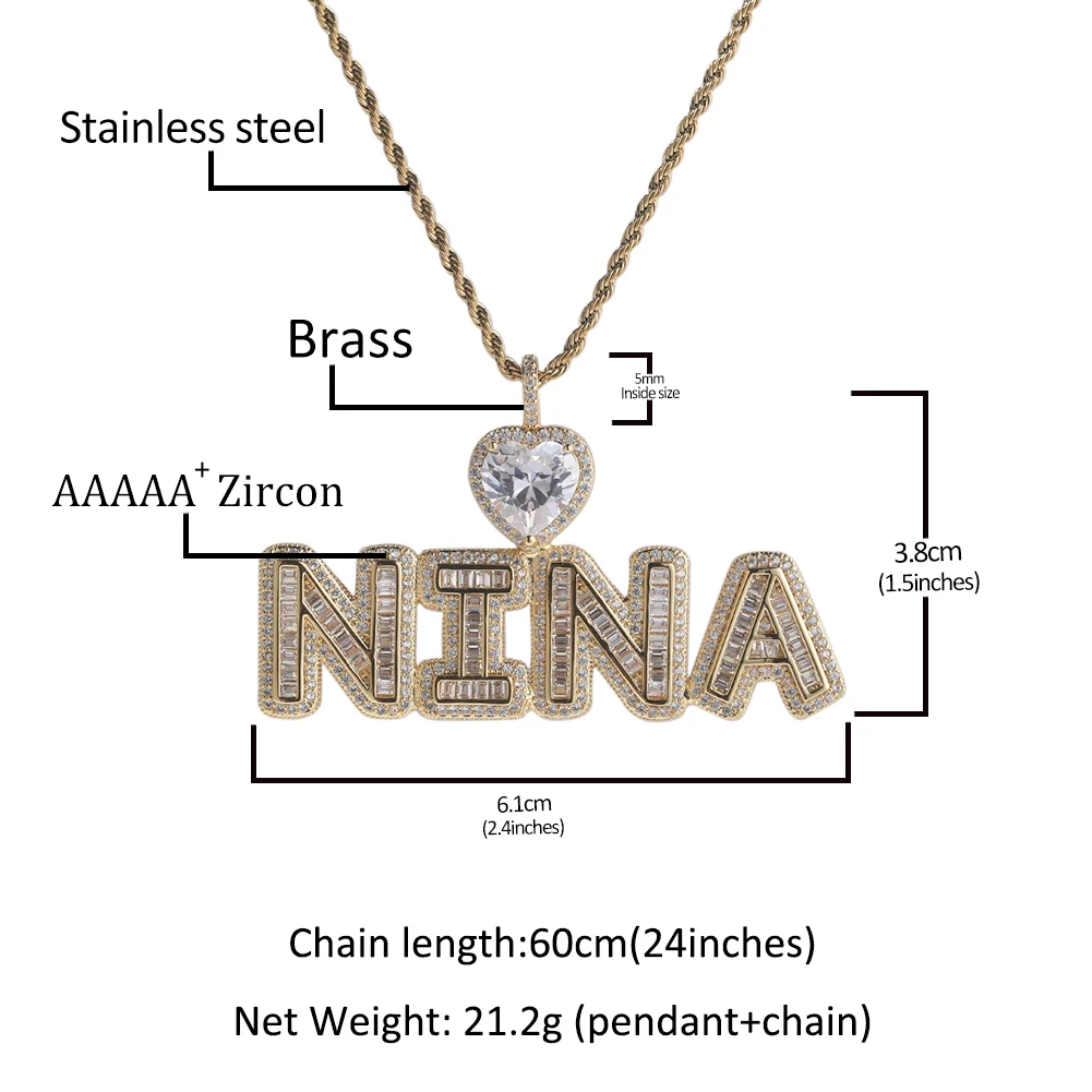 THE BLING KING Mini Custom Name Letter Pendant with Heart Shape Bail AAAAA+ Zircon Hip Hop Necklace Women Statement Jewelry