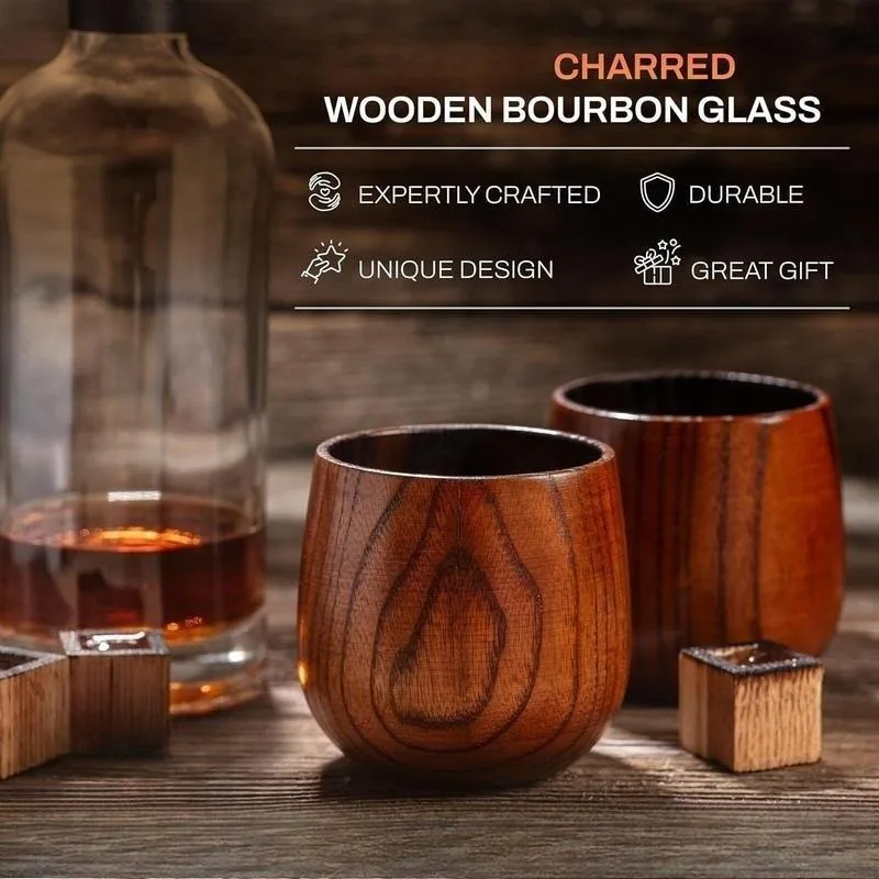 [Buy 1 Get 1 Free] 6.76 oz Wooden Whiskey & Bourbon Tumbler Glass, Charred or Uncharred Old Fashioned Drinkware, Unique Bourbon Gifts for Men, Premium Drinkware for Whiskey Lovers, Elegant Wooden Glassware for Home Bar, Perfect Gift for Special Occasions
