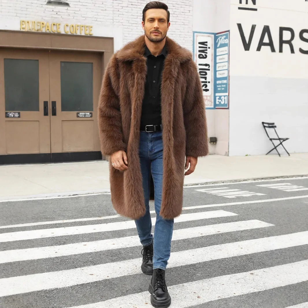 Men Faux Fox Fur Jacket Autumn Winter Thick Maxi Coat Long Sleeve Warm Luxury Fur Black Parkas Bontjas Furry Shaggy Outerwear