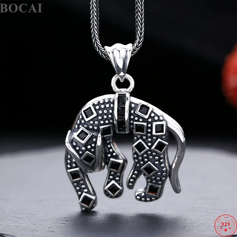 

BOCAI Real S925 Sterling Silver Charms Pendants for Men Women Antique Cheetah Inlaid Black Zircon Charm Fine Choice Jewelry