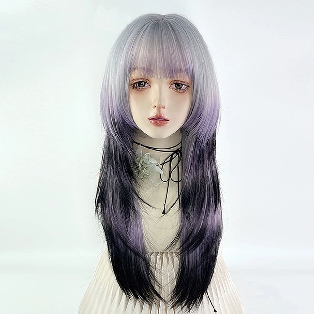 Synthetic Long Straight Grey Ombre Purple Black Jellyfish Head Wig Fluffy Lolita Cosplay Women Wig for Daily Party