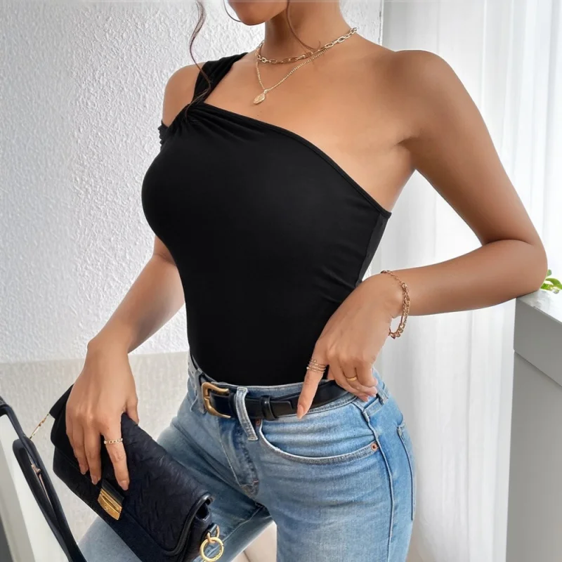Damska letnia seksowna bluzka na jedno ramię, krótki top bez rękawów, odzież wierzchnia, nowość 2025