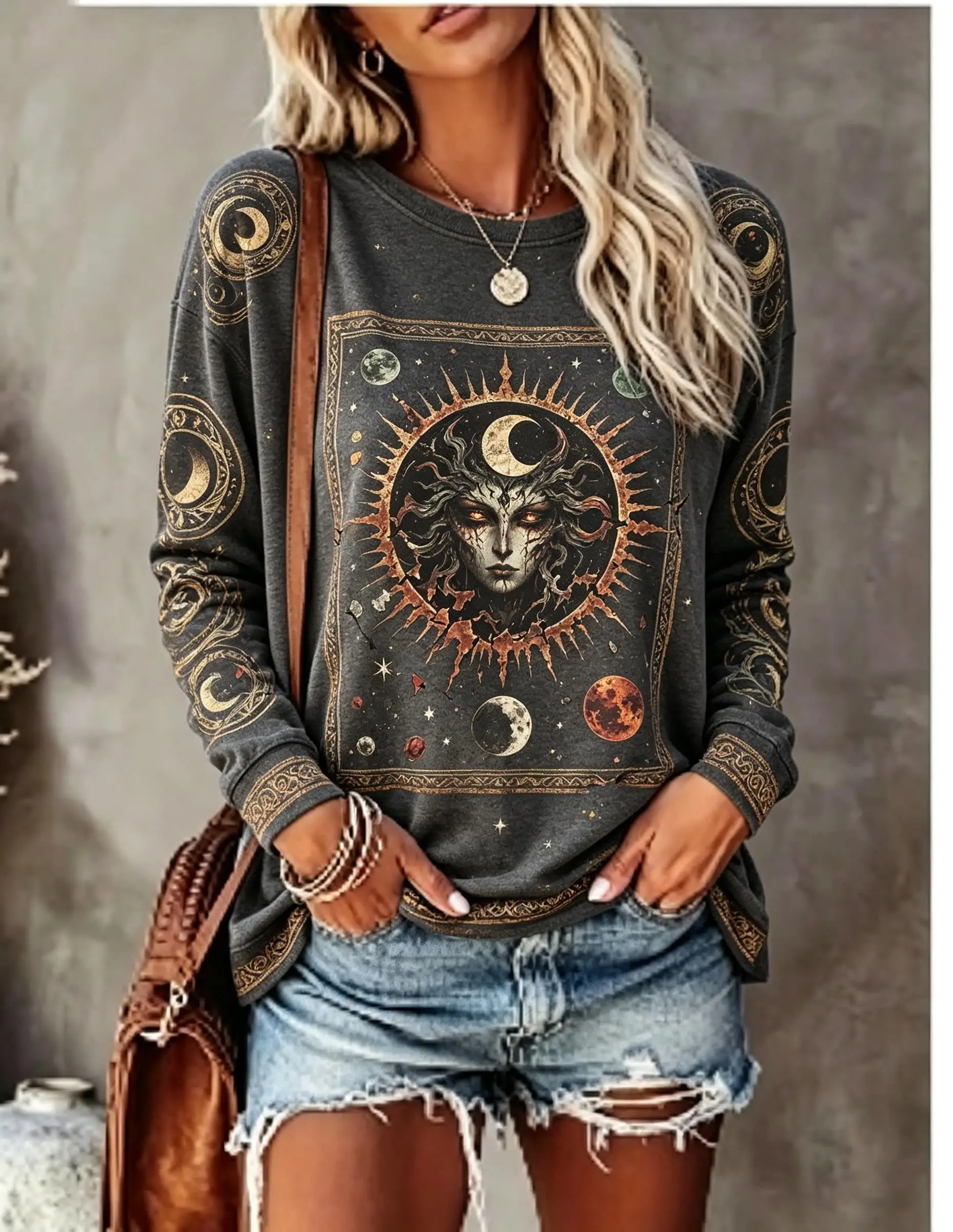 Women Crew Neck Long Sleeve T‑Shirt, Vintage Sun Moon Planet Celestial Print Casual Loose Pullover Tops