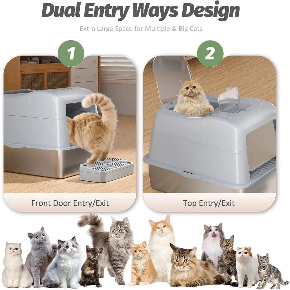 Caja de arena cerrada de entrada superior XXL para gatos grandes con 110 °   Características de tapa abatible y desodorización