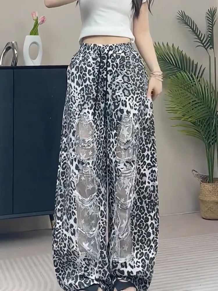 

Летние американские ретро леопардовые принты кружевные лоскутные полые женские повседневные брюки Y2K Harajuku пикантные женские широкие брюки для девочек