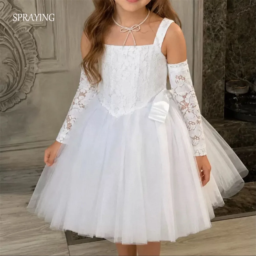 SPRAYING Set Sleeves Mini Girl Dresses Square Collar Lace Strap Children Wedding Dresses Short Tulle Birthday Gown Customized