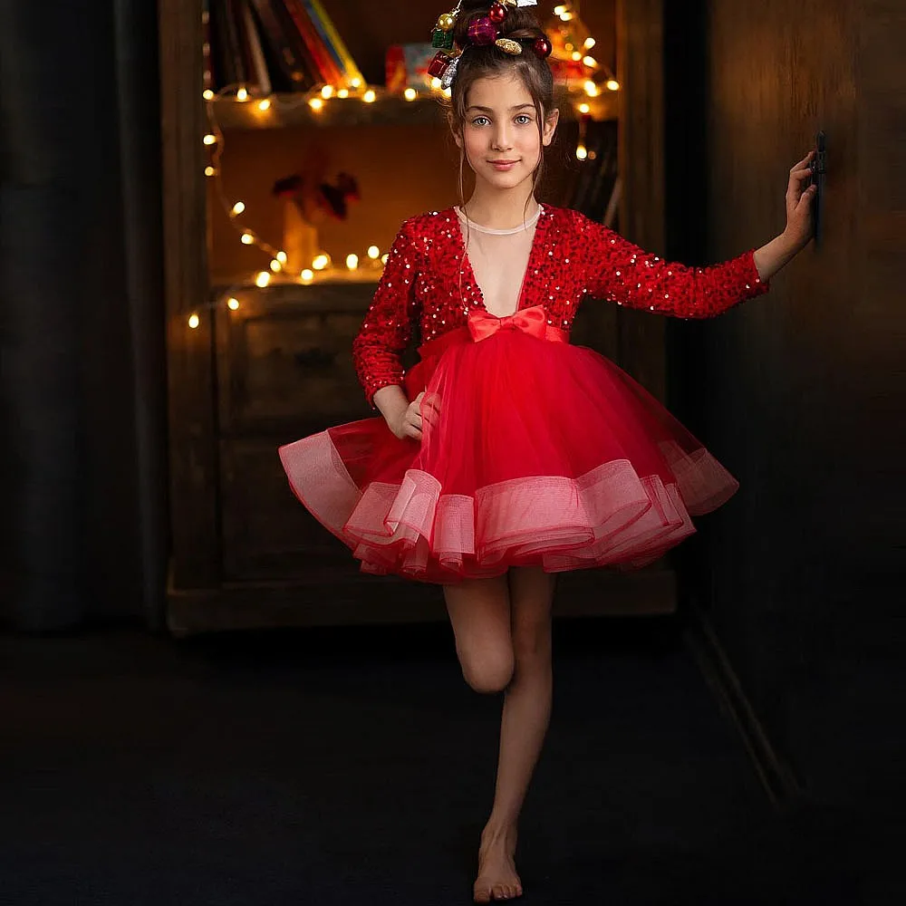 

Christmas Red Girls Birthday Dress Long Sleeves Sequins And Tulle Little Kids Flower Girl Dress With Bow Kids Birthday Gowns