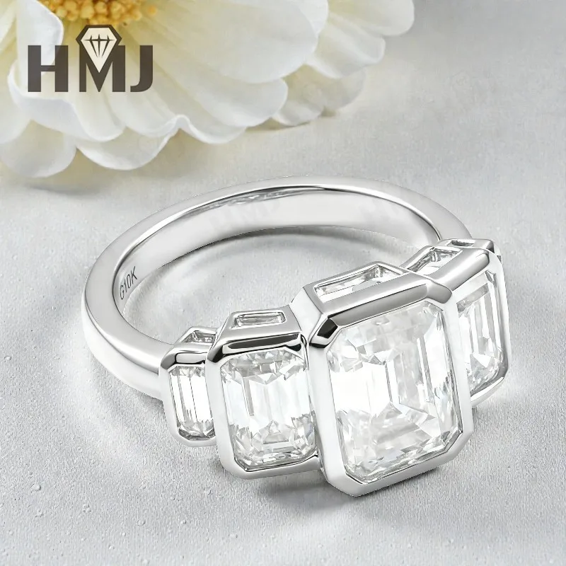 خمسة خاتم قطع الزمرد مع 4.6CT D اللون مويسانيتي الماس 10k 14k 18K مطلية بالذهب 925 الفضة للخطوبة الزفاف غرامة Jewely #1