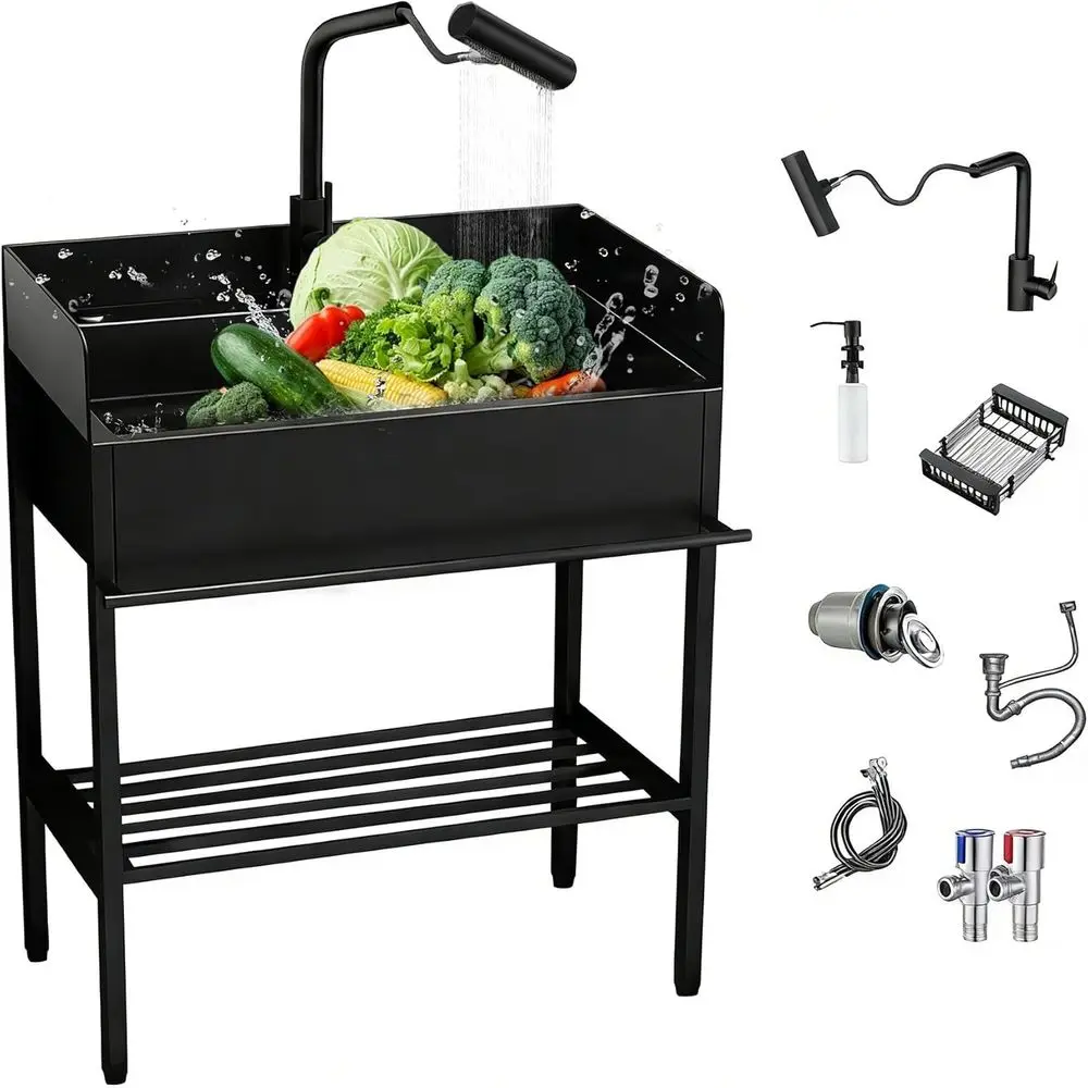 

StainlSteel Utility Sink with 3-Sided Splash Guard,36" reestanding Outdoor Sink with Pull-Down Sprayer & Storage,Commercial Sing