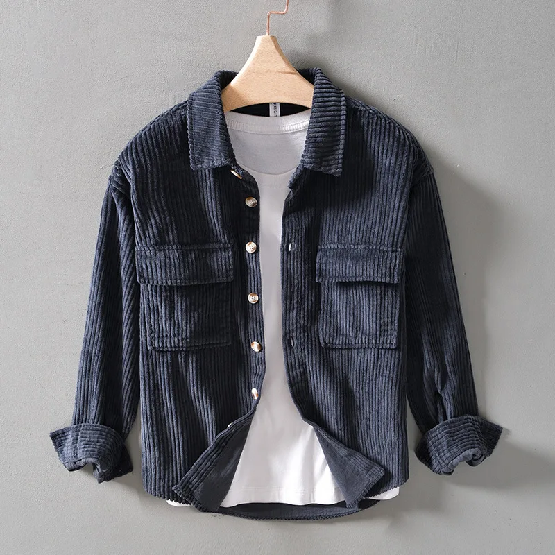 Vintage Corduroy Casual Long Sleeve Shirt, Men's Autumn Loose Plus Size Pure Cotton Jacket Trendy Top