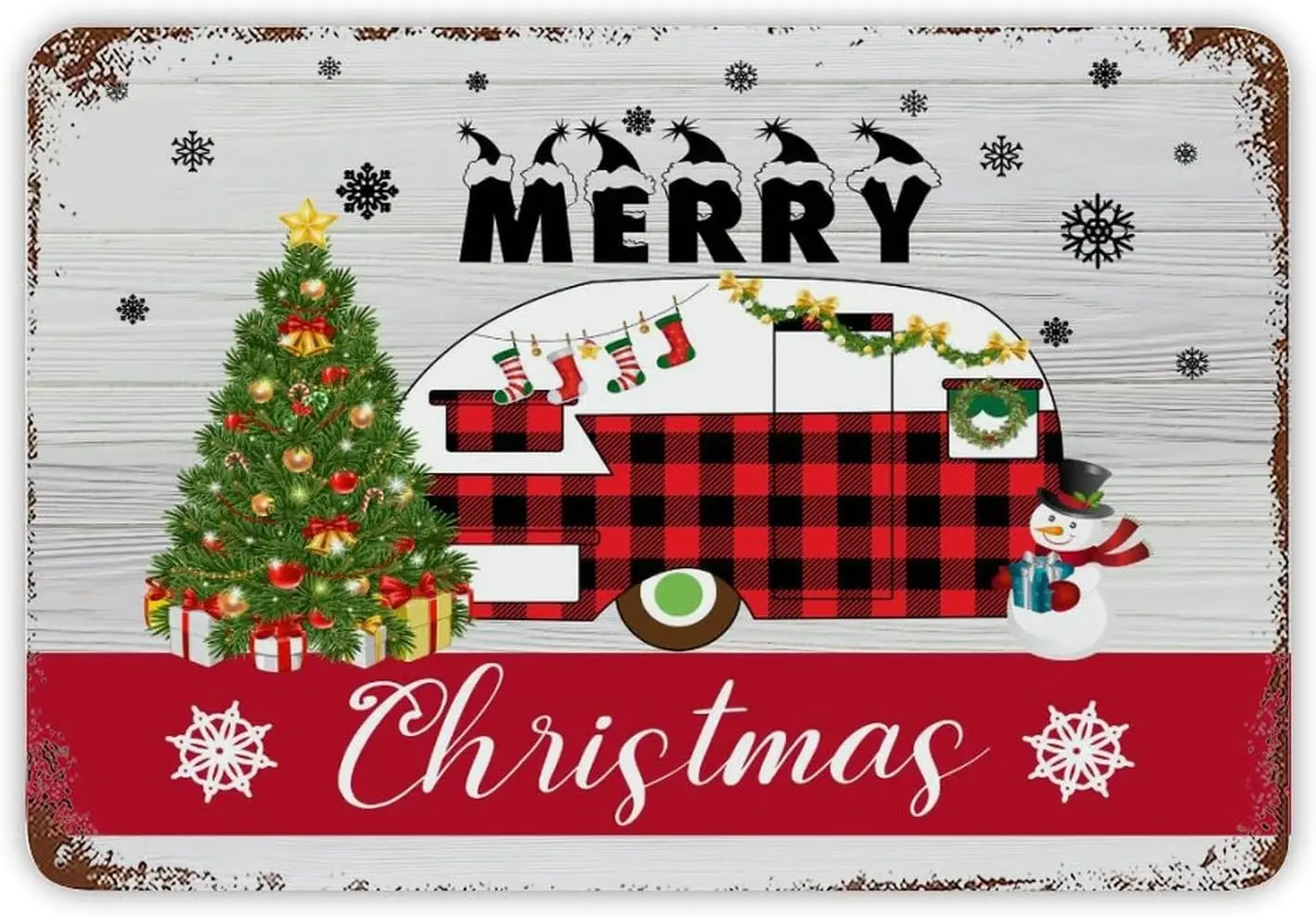 Merry Christmas Sign Red Black Plaid Car Tin Sign Christmas Tree Metal Sign Classic Wood Grain Fireplace Mantel Metal Wal