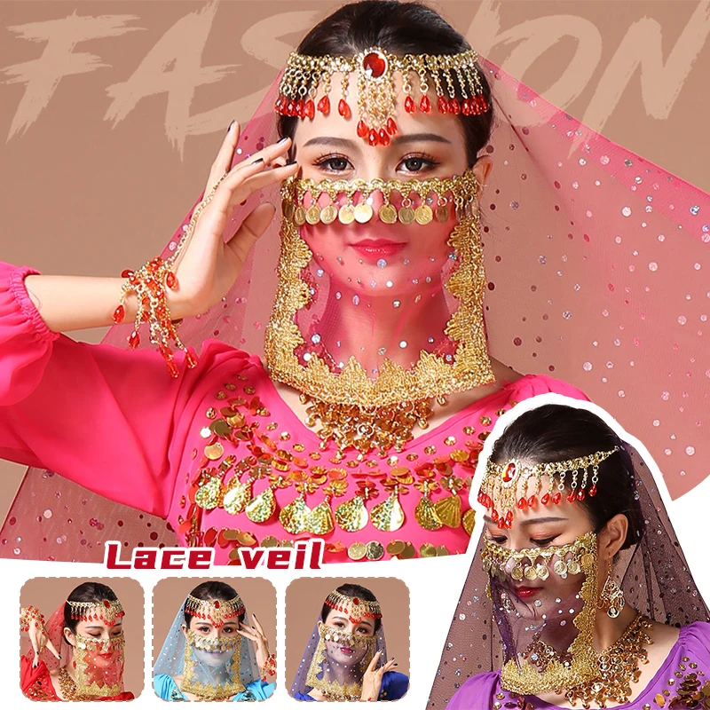 

Women Belly Dance Tribal Face Veil Bollywood Face Veil Beaded Masquerade Mask Face Veil Arabic Princess India Dance Accessories