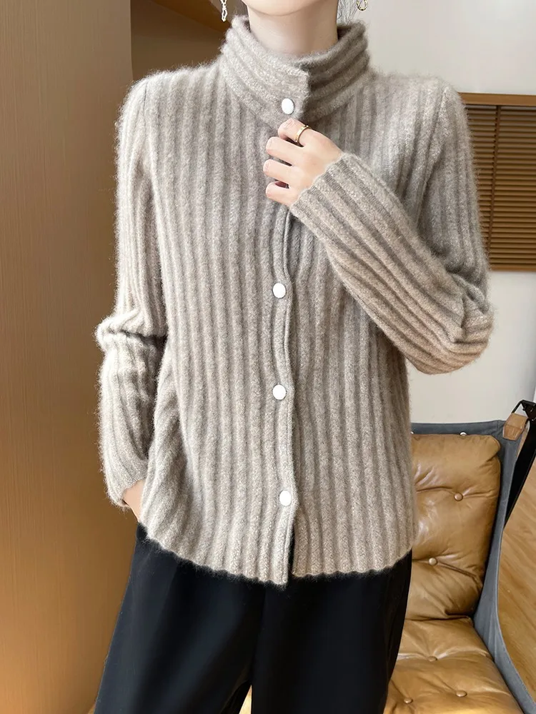 

100% Merino Wool Women's Stand Up Collar Button Up Cardigan Casual Fashion Drawstring Knit Sweater