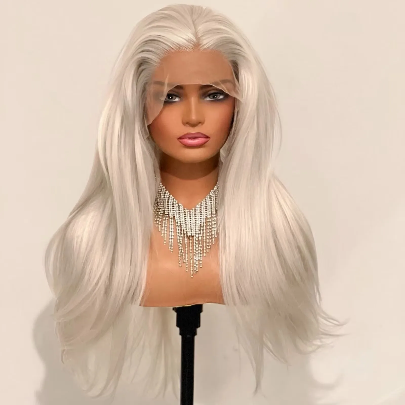 White Long Straight Universal Hand Hooked 13×4 Lace Front Wig Synthetic Hair Glueless Preplucked Wig for Cosplay Daily For Women
