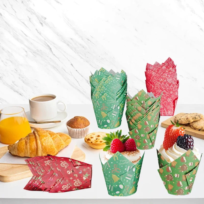 50Pcs Christmas Tulip Muffin Cups - Oilproof Cupcake Liners, Festive Baking Wrappers for Xmas Cake Decorating