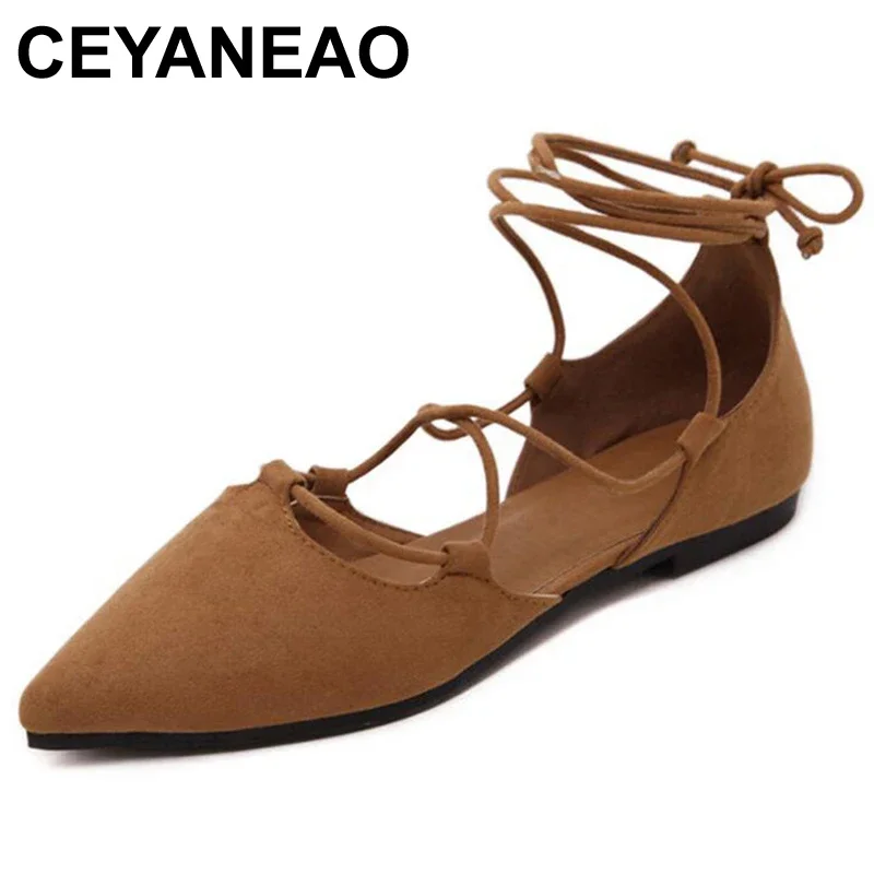 CEYANEAO Ankle Strap Women Ballet Flats Spring Summer Pointed Toe Gladiator Ladies Shoes Cross Tied Casual ShoesE1798