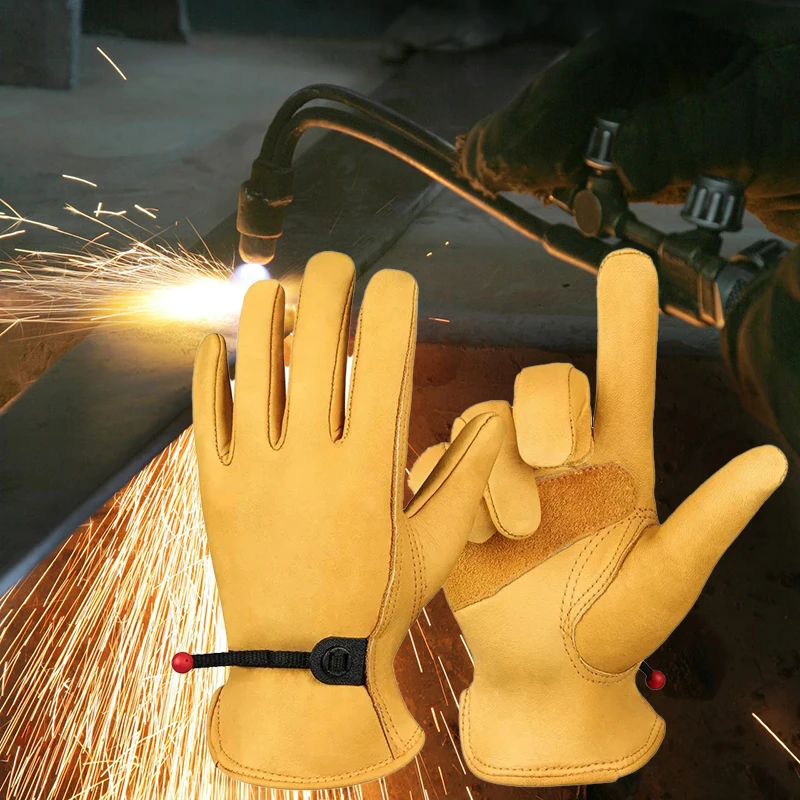 Guantes de trabajo de piel de vaca para hombre, guantes de cuero para conductor de motocicleta, ciclismo, deportes al aire libre, protección de seguridad de carreras, guantes de montar amarillos