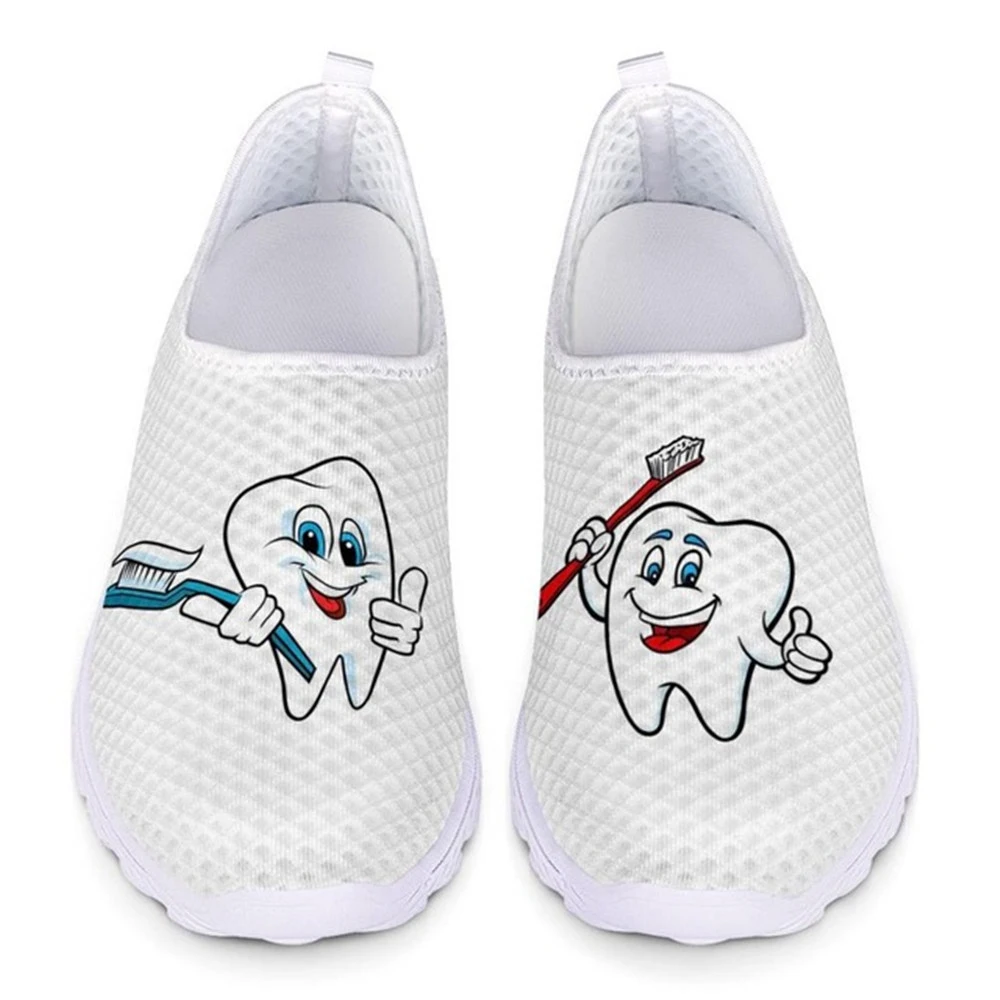 Cute Cartoon Tooth Pattern Loafers Women Slip On Sneakers Dentist Mesh Ladies Casual Shoes Light Summer Sneakers Woman Flats