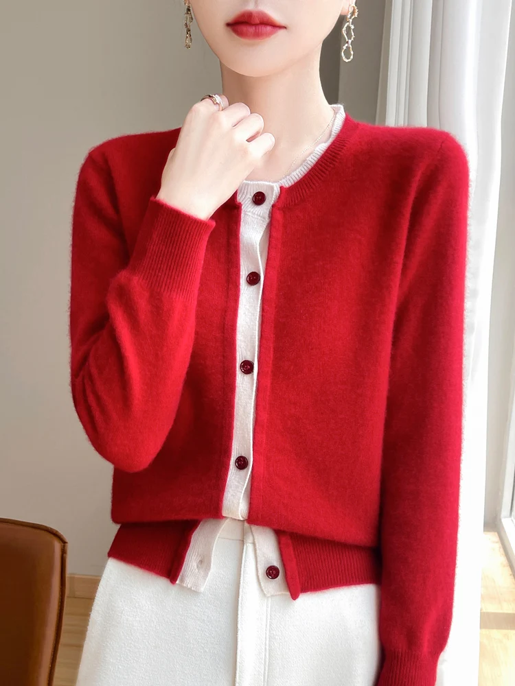 Women Wool Sweater O-neck Long Sleeve Cardigan Autumn Winter 100% Merino Wool Knitwear Cashmere Coat Korean Popular Clothing