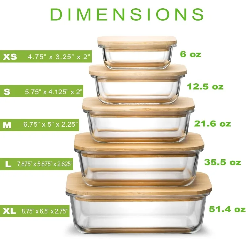 Glass Food Storage Containers with Bamboo Lids Eco-Friendly, set of 5, Airtight, Pantry Organization, Meal Prep Glass Containers