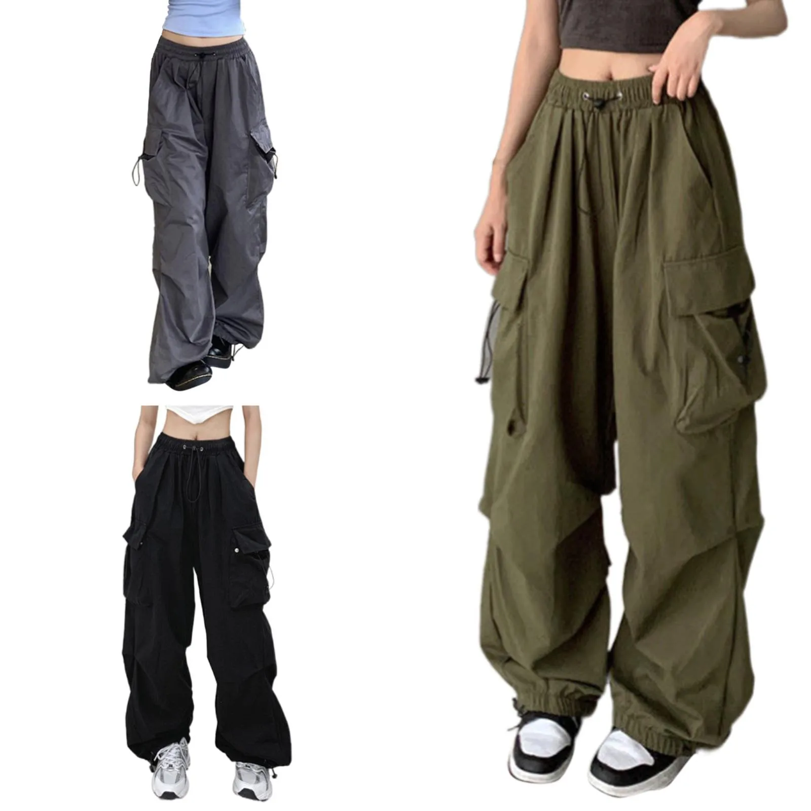 Women Casual Joggers Pants Vintage Military Green Low Waist Drawstring Trousers Y2K Wide Leg Sweatpants Streetwear Cargo Pants