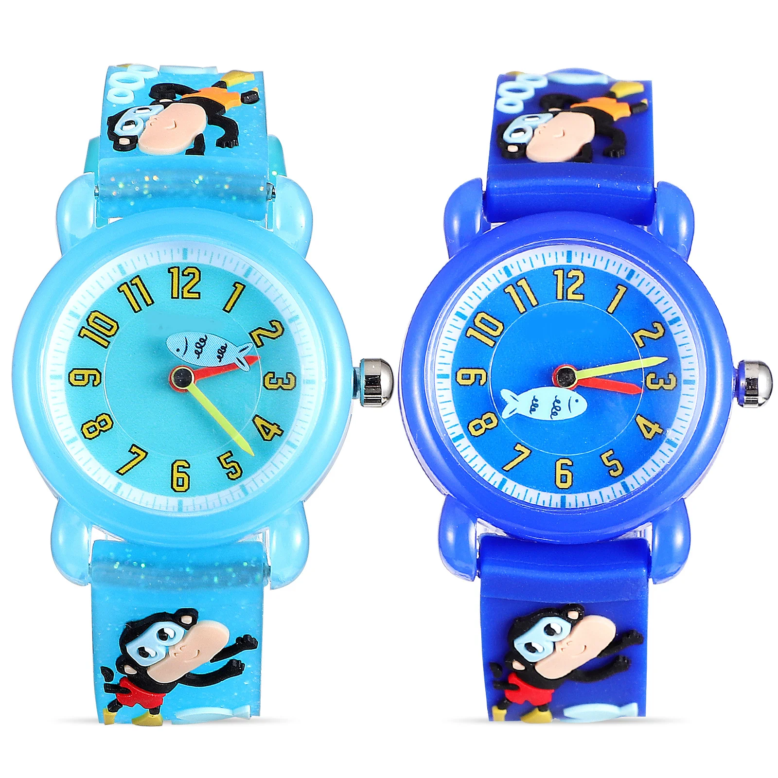 2 pcs Watches Cartoon Marine Theme Arabic Numerals Large Dial Comfortable Strap Adjustable Buckle Creative Gift For