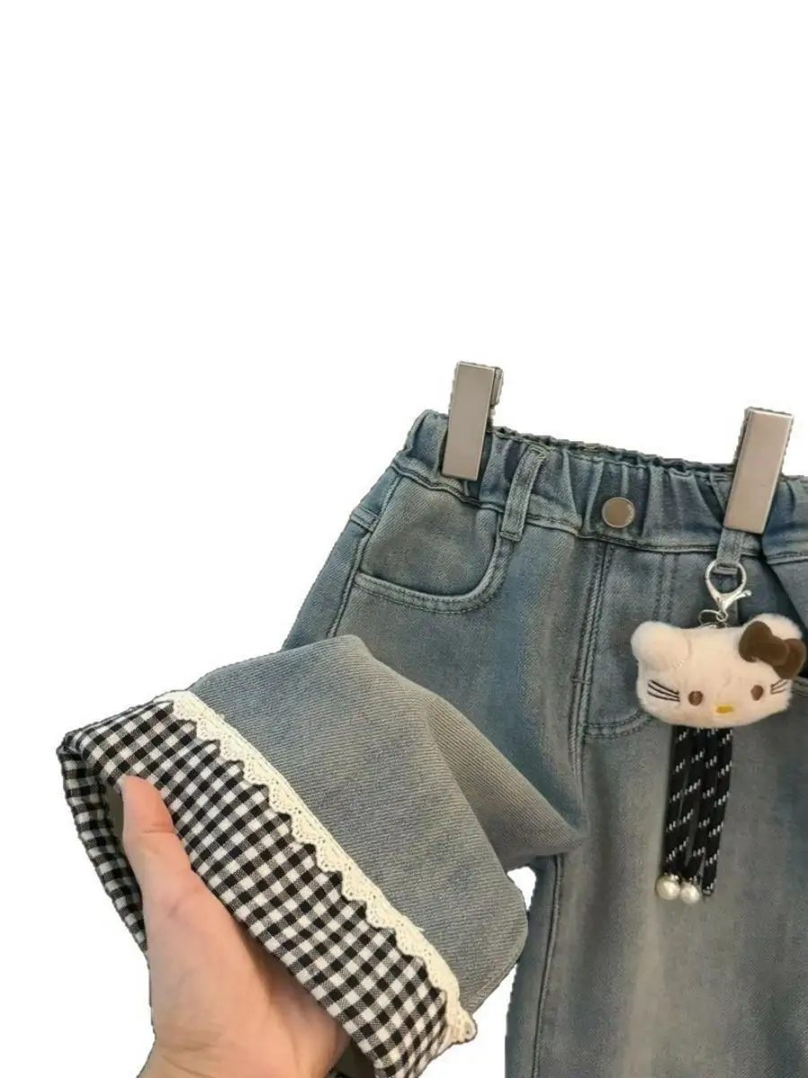 Ultra-Vintage Matte Denim Pants Thiened Inteated Fce Straight Leg Trousers for Baby Girls Autumn Winter Seasonal Wear