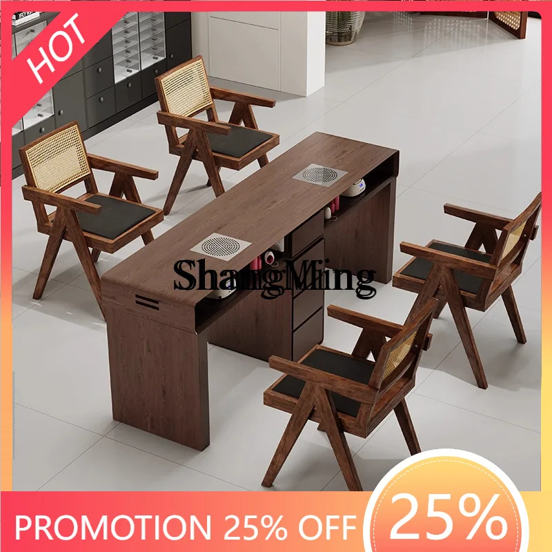 

SM new manicure table and chair set Chinese retro style solid wood marble storage with vacuum cleaner