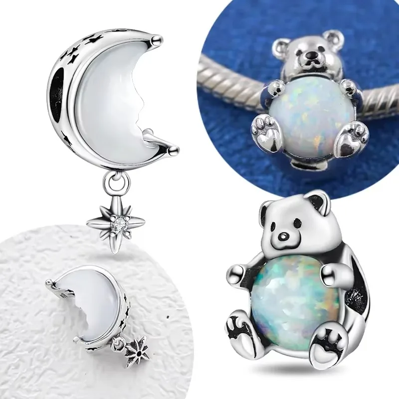 Silver 925 Charms Moon & North Star Charm Polar Bear Beads Fit Pandora Original Bracelet DIY Fine Jewelry Gift for Women