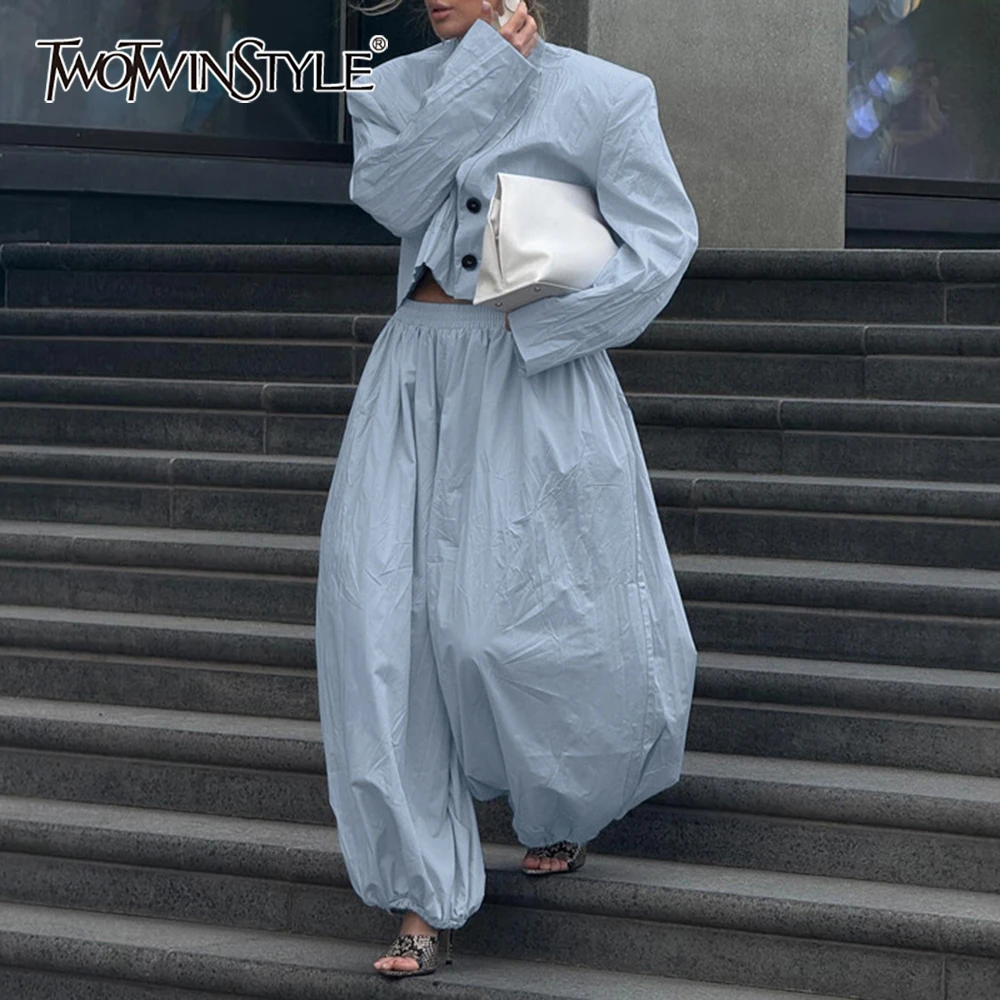 

TWOTWINSTYLE Solid Spliced Folds Two Piece Set for Women Lapel Long Sleeves Short Top High Waist Loose Pant Fashion Sets Female